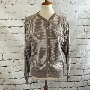 Jaeger Vintage Striped Ivory cream button up cardigan sweater‎ Size Medium